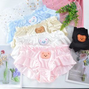 Furry Bear Embroidery Cute Panties Bow Ruffle Crotch Cotton Satin ...